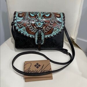 Patricia Nash Brown & Turquoise Tooled Leather Floral Crossbody Bag